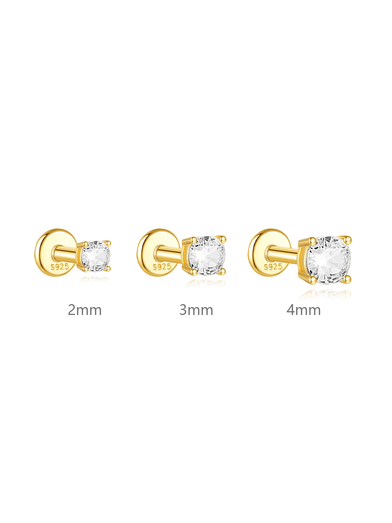 S925 Runde Zirkonia-Stecker-Ohrringe – 2mm / 3mm / 4mm