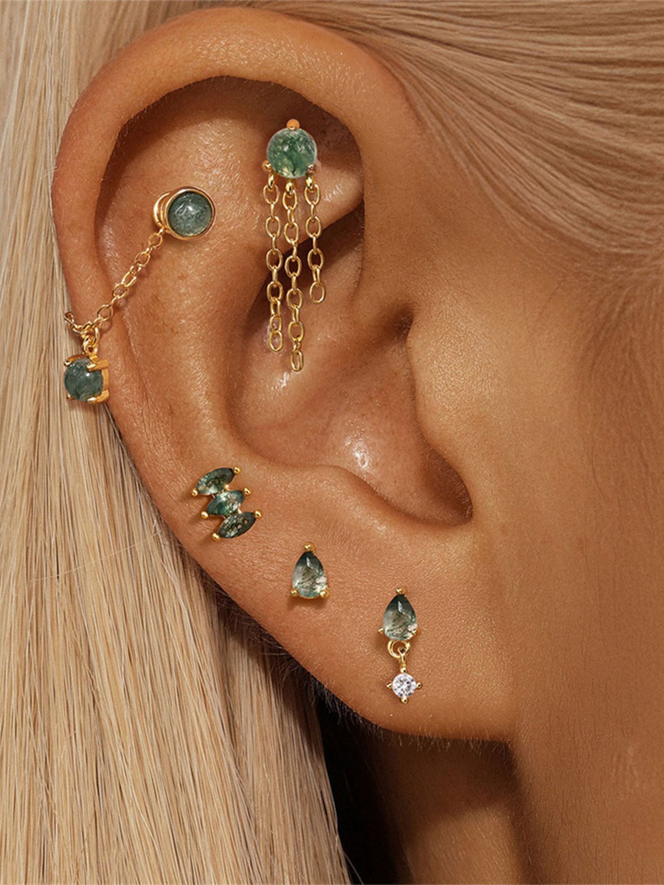 925er Sterling Silber Allround Wassergras Achat Ohrpiercing-Stud