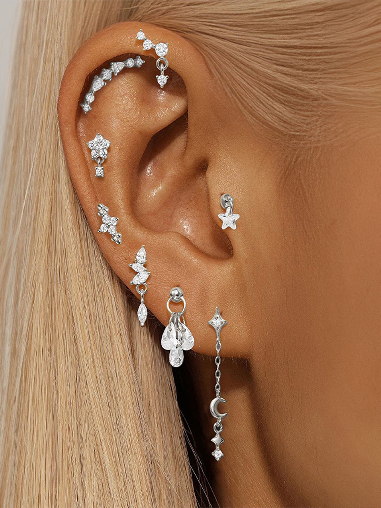 925er Sterling Silber Blumen Tropfen Stern Mond Ohrstecker
