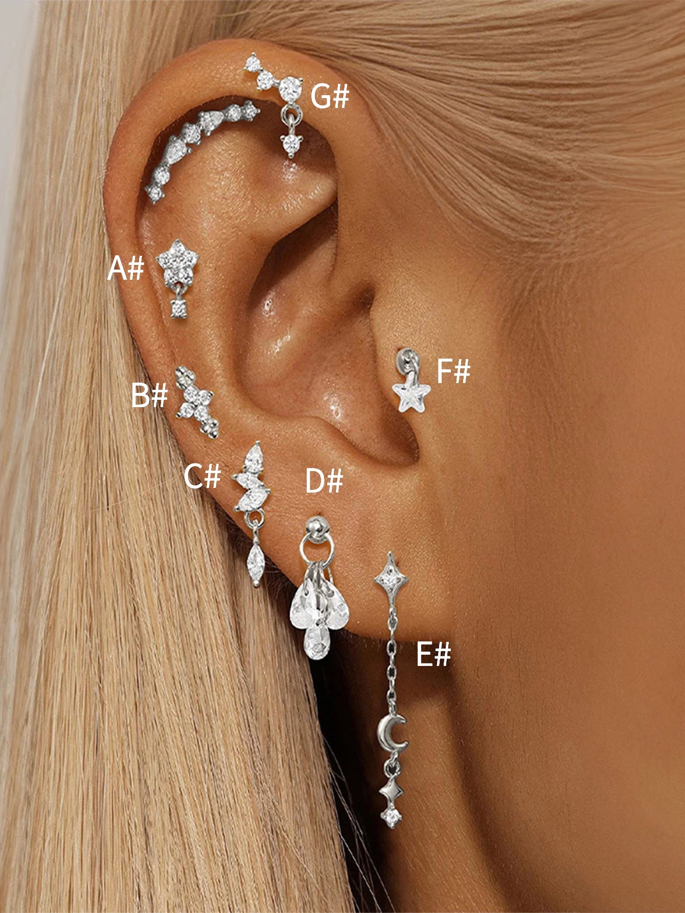 925er Sterling Silber Blumen Tropfen Stern Mond Ohrstecker