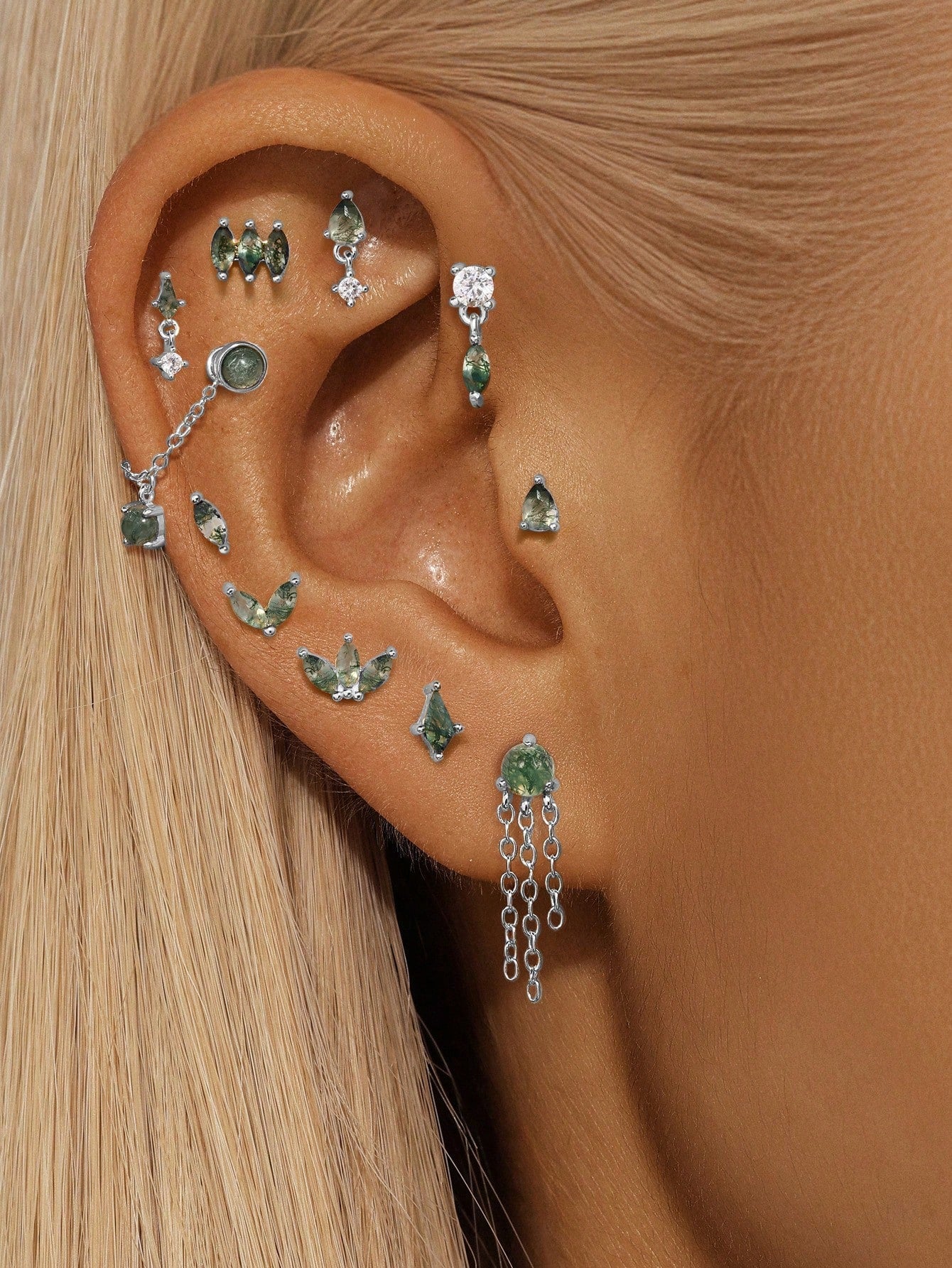 925er Sterling Silber Allround Wassergras Achat Ohrpiercing-Stud
