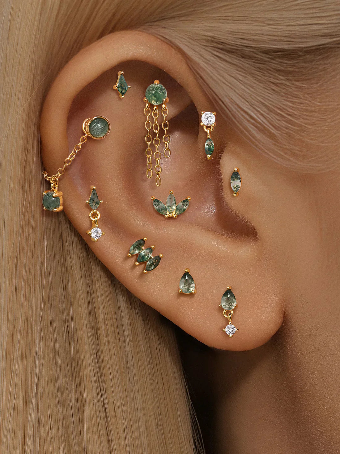925er Sterling Silber Allround Wassergras Achat Ohrpiercing-Stud