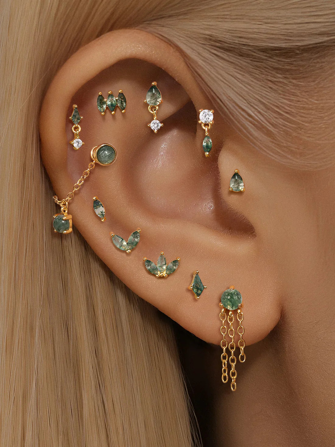 925er Sterling Silber Allround Wassergras Achat Ohrpiercing-Stud
