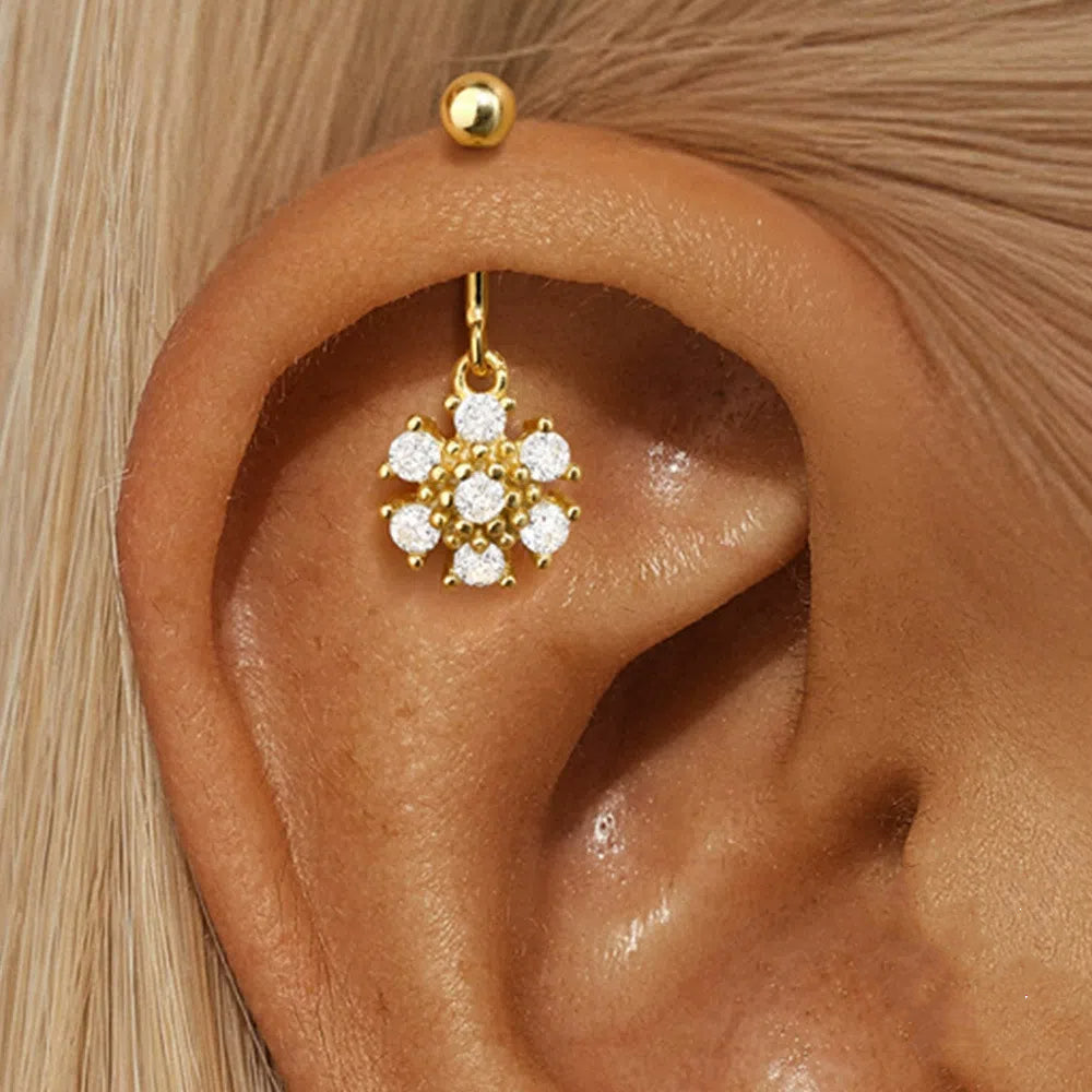 925er Sterlingsilber Schneeflocke Pferdeauge Kugel Rückseite Vertikal Faden Piercing